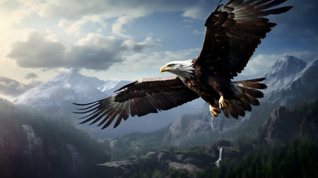 Eagle in flight over a mountain range.
