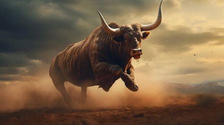 A majestic bull charges through a dramatic dust storm, showcasing its raw power and untamed spirit.の写真素材