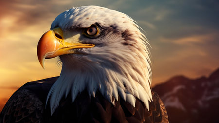 A stunning close-up of a bald eagle at sunset, its gaze sharp and intense.