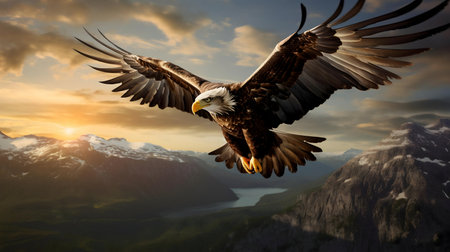 A majestic eagle in flight above a stunning mountain range at sunset.の写真素材