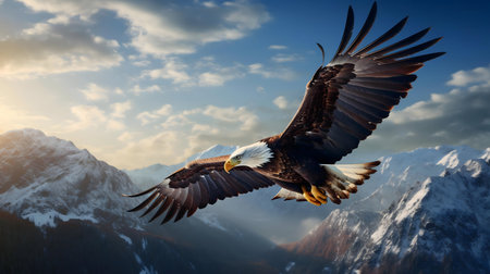 A majestic bald eagle in flight over a snow-covered mountain range at sunrise.
