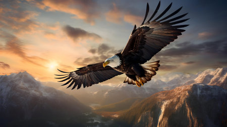 A bald eagle in majestic flight over snow-covered mountains during a vibrant sunset.の写真素材