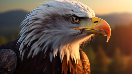 Close-up of a Bald Eagle at sunset, showcasing its majestic presence.の写真素材