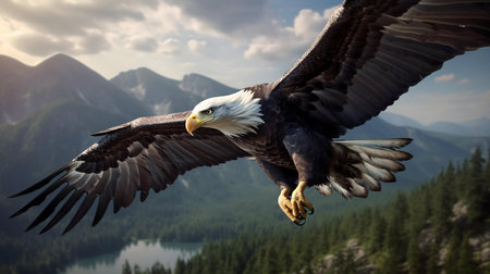 A majestic bald eagle in flight over a stunning mountain range and serene lake.