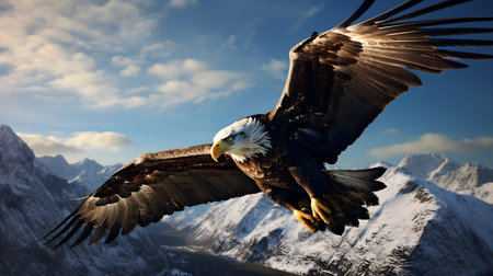 A bald eagle in flight over a snowy mountain range. Breathtaking nature photography.