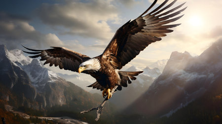 A bald eagle in majestic flight over snow-capped mountains. Breathtaking scenery.
