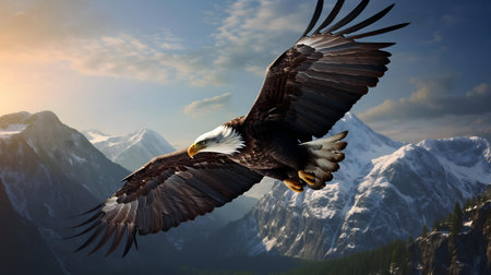 A bald eagle in majestic flight over a snow-capped mountain range during sunrise.の写真素材