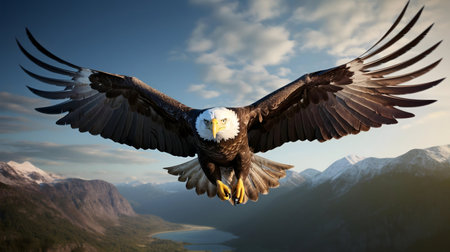 A bald eagle in majestic flight over a stunning mountain range and lake. Symbol of freedom.の写真素材