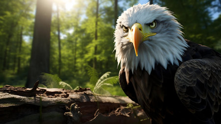 A stunning close-up of a Bald Eagle in a lush forest, bathed in sunlight.