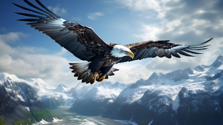 An eagle in flight over a snowy mountain range. Breathtaking scenery.の写真素材