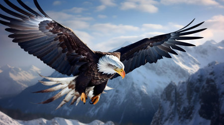 A majestic bald eagle in flight over a snow-capped mountain range.の写真素材