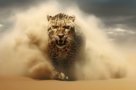 A cheetah runs through a desert sandstorm. The powerful cat is a majestic sight.の写真素材