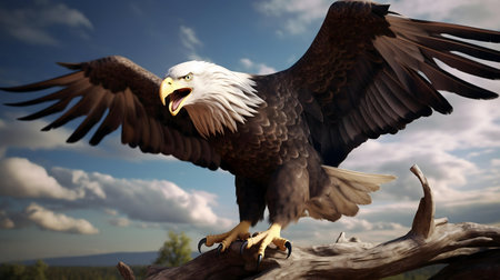 A stunning bald eagle with its wings outstretched, perched on a branch against a dramatic sky.