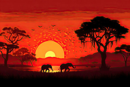 Two elephants silhouette at sunset in the African savanna.の写真素材