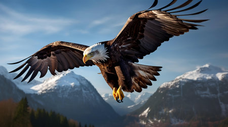 A bald eagle in flight over a snow-capped mountain range.