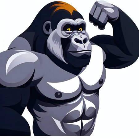 A powerful illustration of a muscular gorilla flexing its arm. Strong and confident, it depicts raw power.の写真素材