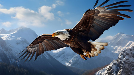 A bald eagle in flight over a snowy mountain range. A stunning display of nature's power and beauty.