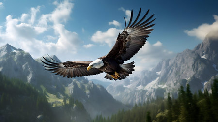 A bald eagle in majestic flight over a stunning mountain range.