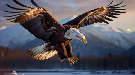 A stunning bald eagle soars majestically above a snow-capped mountain range at sunset.