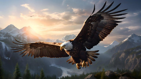 A majestic bald eagle takes flight above a stunning mountain range during sunrise. The image...