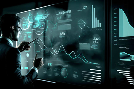 A businessman interacts with a futuristic digital interface displaying data charts and graphs. He...