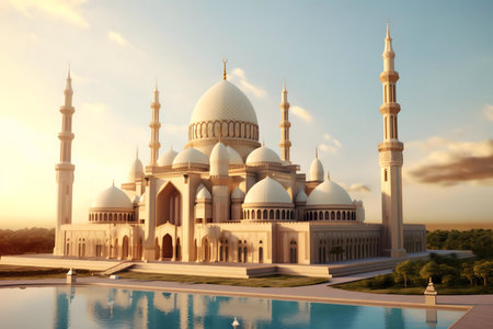 A stunning sunset illuminates a grand mosque, showcasing its intricate architecture and serene...
