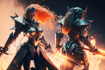 A cyborg warrior with flaming hair battles amidst fire and sparksの写真素材