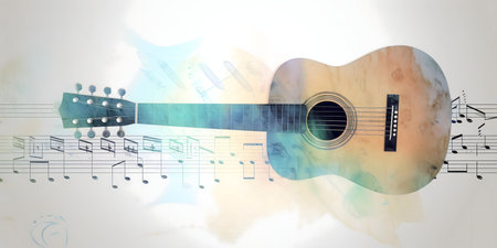 Watercolor painting of an acoustic guitar with musical notes.の写真素材