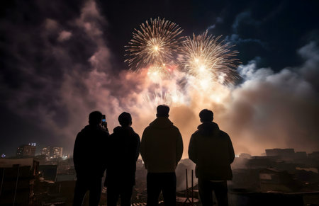 Four friends stand silhouetted, mesmerized by a vibrant fireworks show over a city at night.の写真素材