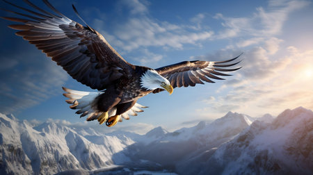 A bald eagle in flight over a snow-capped mountain range. A breathtaking scene of nature's beauty.の写真素材