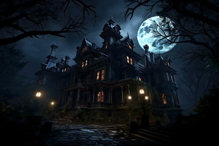 A spooky Victorian mansion on a moonlit night, creating a mysterious and chilling atmosphere.の写真素材