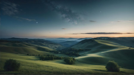 Stunning sunrise over rolling green hills, a peaceful and scenic landscape.