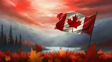 A vibrant digital painting of the Canadian flag waving proudly against a backdrop of breathtaking mountains and a serene lake at sunset during autumn.の写真素材