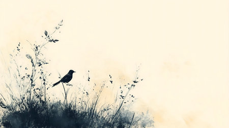 A serene watercolor painting of a bird amidst tall grass.の写真素材
