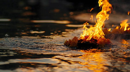 Burning flowers float on dark water, reflecting the flames.