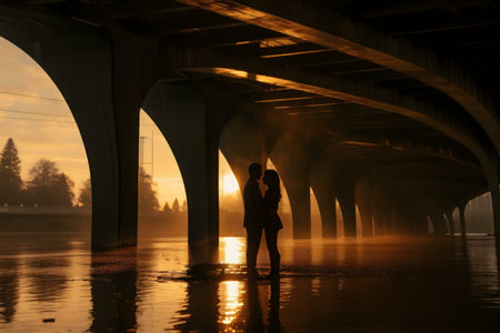 Silhouetted lovers embracing under a bridge during a tranquil sunset. Romantic and peaceful scene.