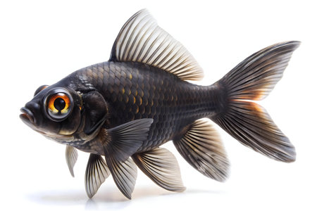 Close-up of a black moor goldfish isolated on a white background.の写真素材