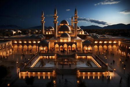 A stunning night view of a grand mosque complex, beautifully illuminated against a city backdrop.の写真素材