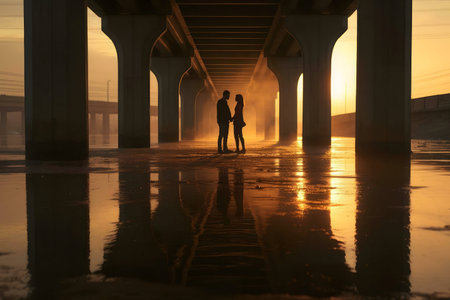 Silhouetted couple holding hands under a bridge at sunset, reflected in the water.の写真素材