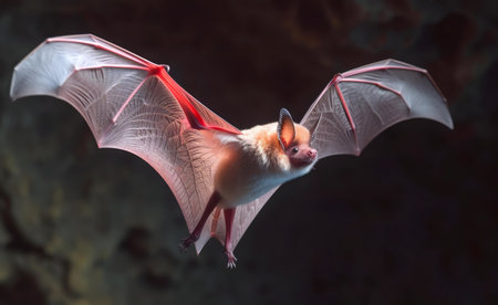 A pale bat in mid-flight, wings outstretched. Dark background.の写真素材