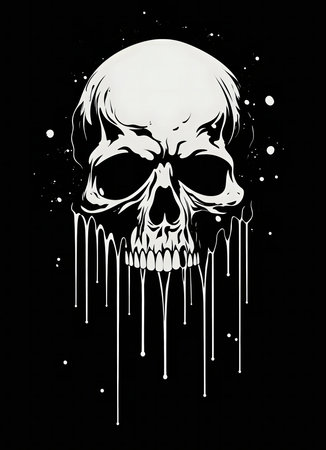A striking monochrome illustration of a skull with paint dripping down. Dark, artistic, and symbolic.の写真素材