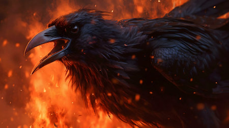 A digital painting depicting a raven surrounded by intense flames. The image showcases a dark and powerful atmosphere.の写真素材