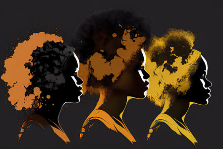 Three stylized female silhouettes with golden hues, celebrating beauty and powerの写真素材