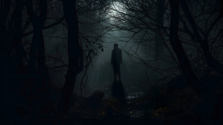 A mysterious silhouette stands in a dark and foggy forest, creating a sense of intrigue and...