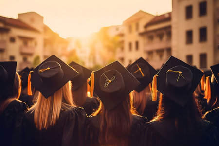 A radiant sunset illuminates a group of graduates in their caps and gowns, symbolizing the culmination of their academic journey.の写真素材