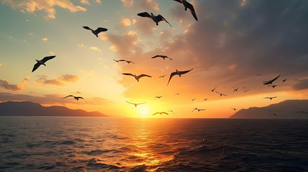 Birds flying at sunset over ocean. Golden hour, coastal sceneの写真素材