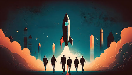 Team walking towards a launching rocket, symbolizing business success and growth.