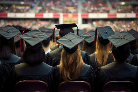 Graduates in caps and gowns at a ceremony.の写真素材