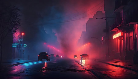 A cyberpunk city street at night, bathed in neon lights and fog.の写真素材