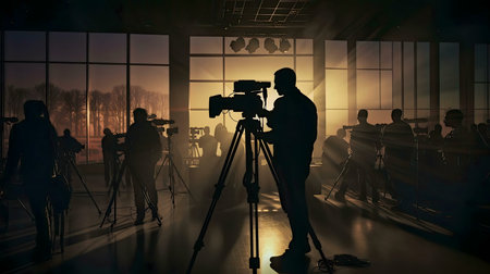A dramatic silhouette of numerous cameramen capturing a scene at sunset. The image portrays a sense...